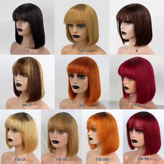 Colored Bob Wig With Bangs Machine Made Brazilian Hair Glueless Wig With Elastic Band Short Bob Human Hair Wigs for Black Women