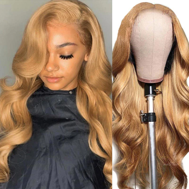 Body Wave Lace Front Wig #27 Honey Blonde Human Hair Wigs Body Wave Pre-plucked Lace Frontal Wig √