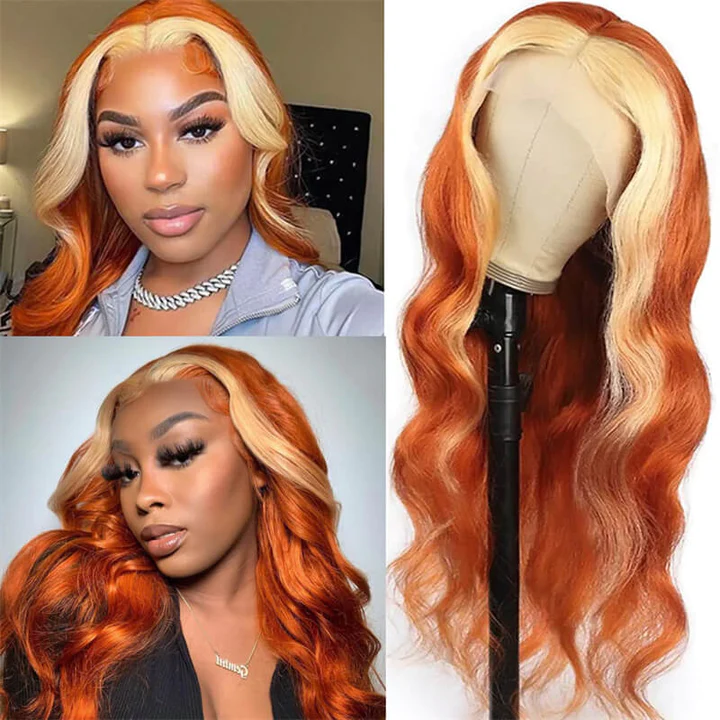 Lace Front Wigs With Blonde Highlights Ginger Color Body Wave Human Hair Wigs √