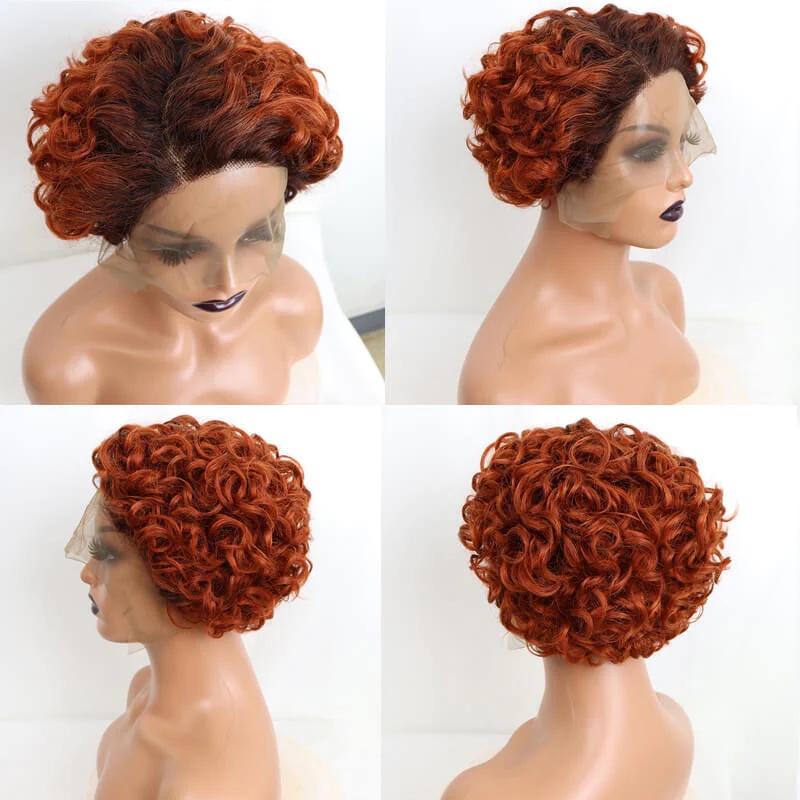 L Part Lace Human Hair Wig Short Side Part Pixie Cut Curly Wigs √