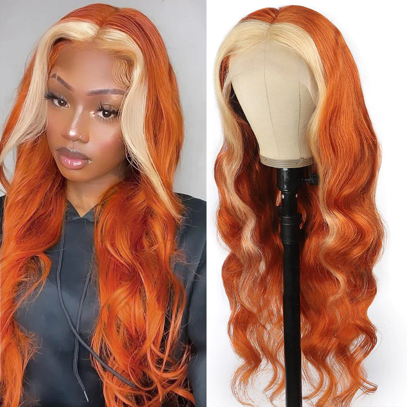 Lace Front Wigs With Blonde Highlights Ginger Color Body Wave Human Hair Wigs √