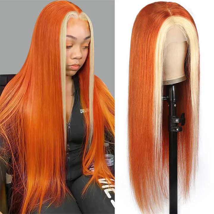 Blonde With Ginger Color Straight Human Hair Wigs Lace Frontal Wigs High Density √