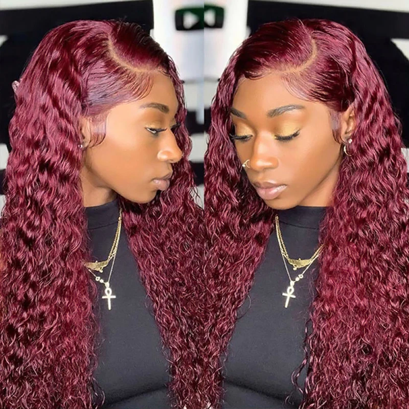 99J Deep Wig Burgundy Colored Human Hair Wig Pre-plucked T Lace Front Wigs