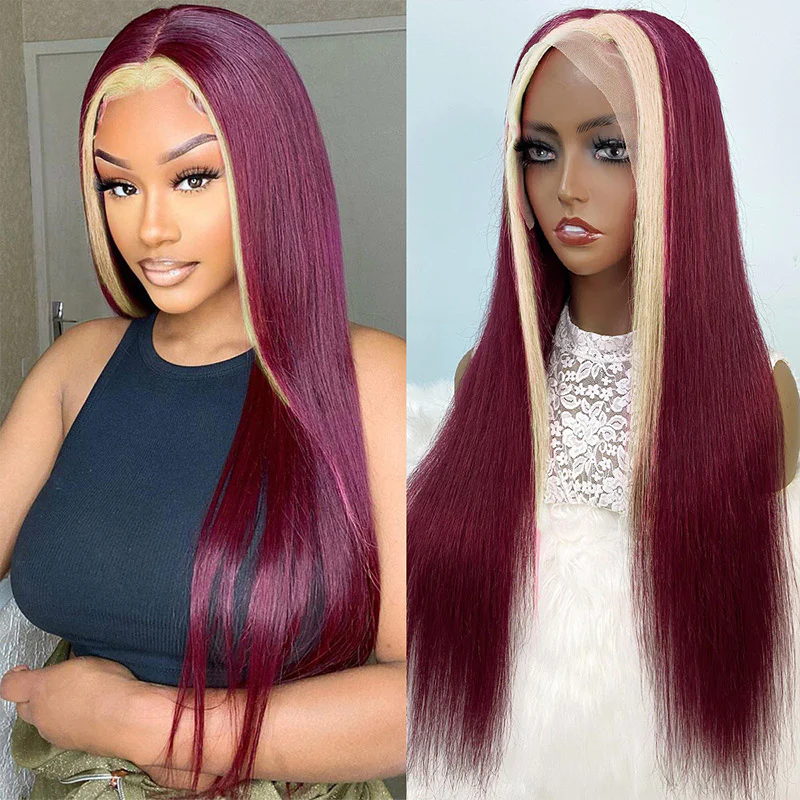 13x4 Straight Lace Front Wig 99J Burgundy With Blonde Color Human Hair Wigs Pre-plucked Straight Lace Frontal Wig √