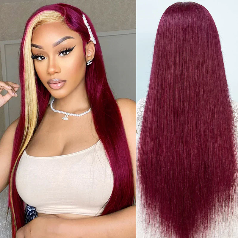 13x4 Straight Lace Front Wig 99J Burgundy With Blonde Color Human Hair Wigs Pre-plucked Straight Lace Frontal Wig √