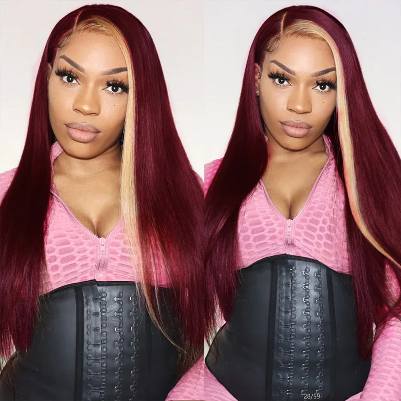 13x4 Straight Lace Front Wig 99J Burgundy With Blonde Color Human Hair Wigs Pre-plucked Straight Lace Frontal Wig √