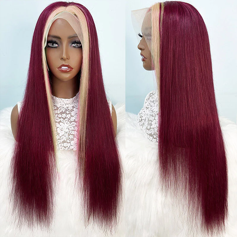 13x4 Straight Lace Front Wig 99J Burgundy With Blonde Color Human Hair Wigs Pre-plucked Straight Lace Frontal Wig √