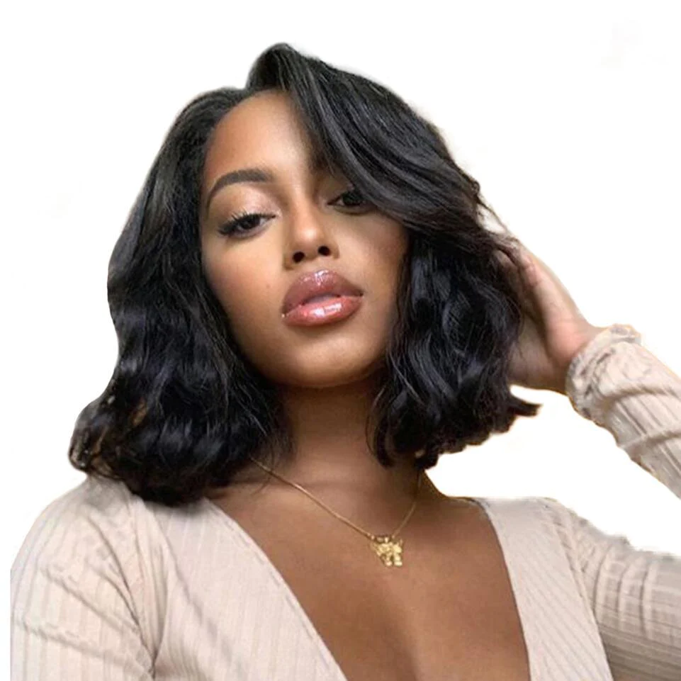 13*4 Lace Front Wavy Bob Wig Natural Black Color Short Body Wave Bob Wigs √