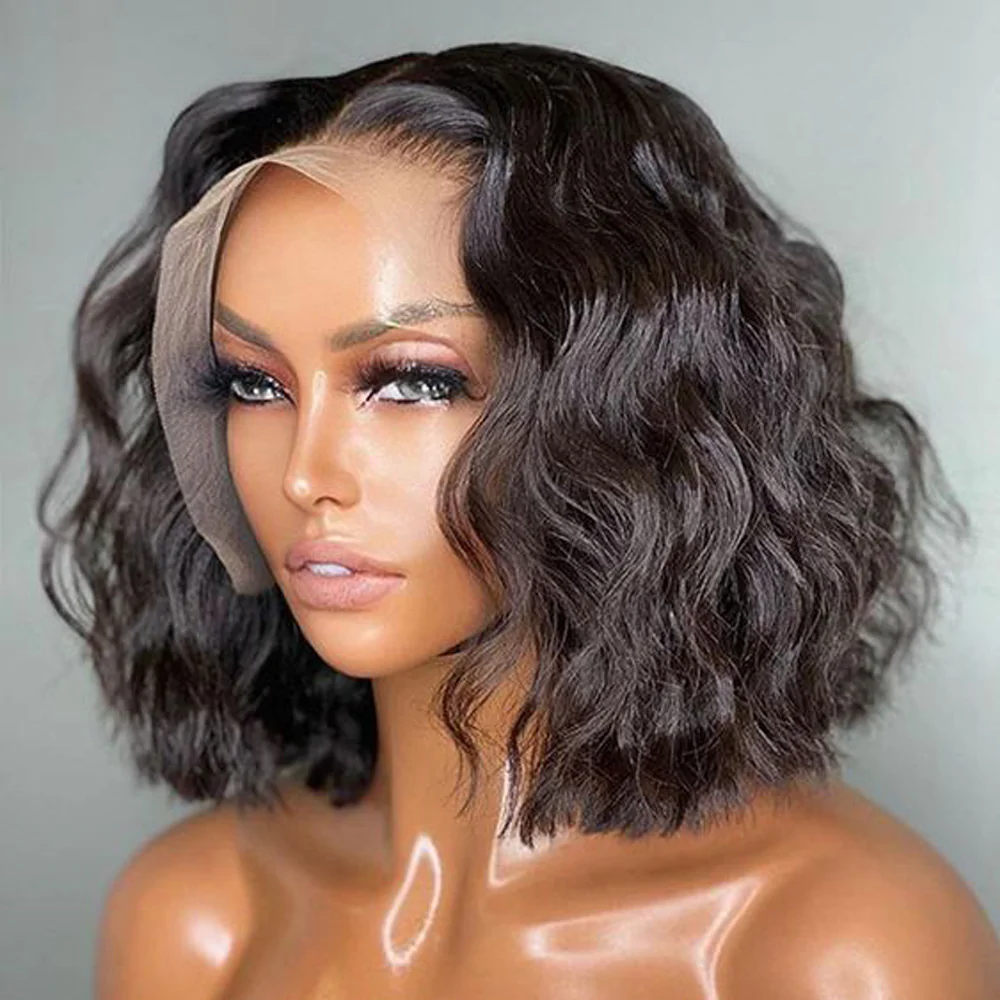 13*4 Lace Front Wavy Bob Wig Natural Black Color Short Body Wave Bob Wigs √