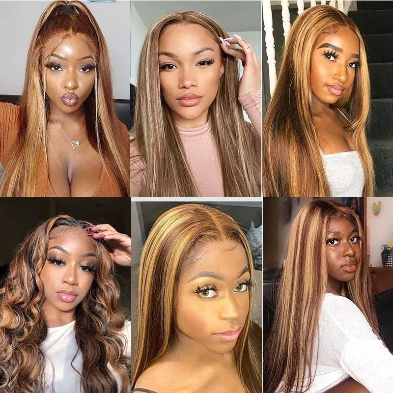 Straight Hair Lace Front Wig 100% Human Hair Wigs P4/27 Highlight Color 250% Density √