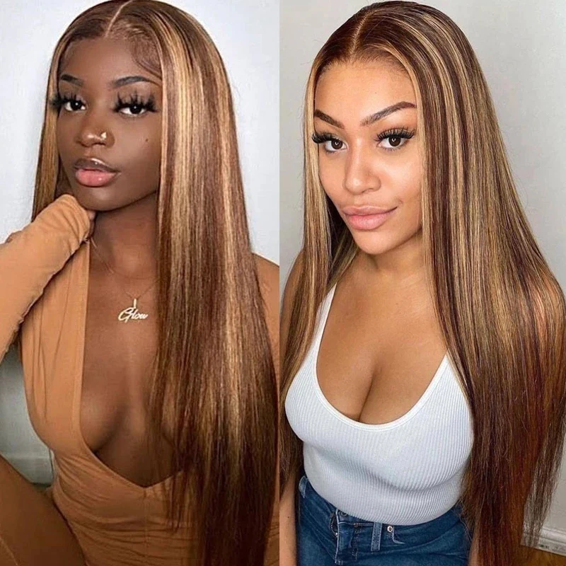 Straight Hair Lace Front Wig 100% Human Hair Wigs P4/27 Highlight Color 250% Density √