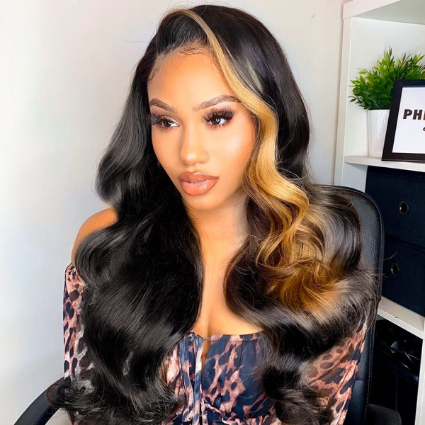 Skunk Stripe Hair Natural Body Wave Black Wig With Honey Blonde Highlights Lace Front Wigs √
