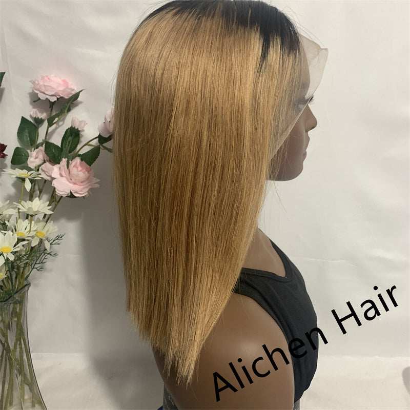 T1B/27 Colored Bob Lace Wig Straight Hair Lace Frontal Human Hair Short Wigs 210% Density