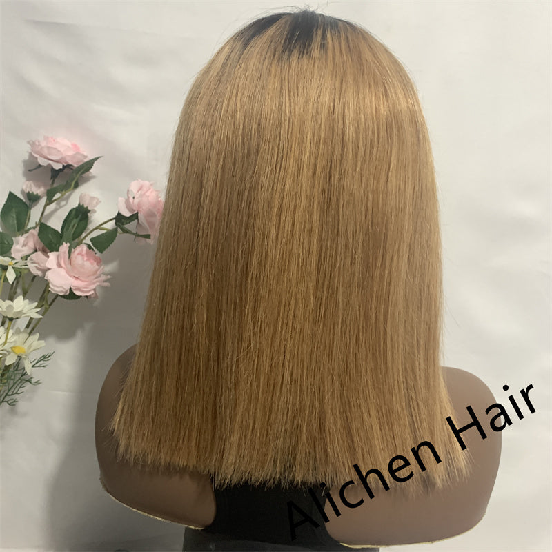 T1B/27 Colored Bob Lace Wig Straight Hair Lace Frontal Human Hair Short Wigs 210% Density