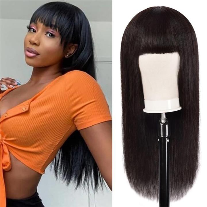 Brazilian Straight Virgin Human Hair Wig With Bangs Natural Head Fashion Bang Wig Black Color √