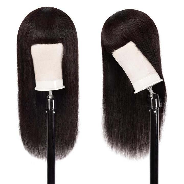 Brazilian Straight Virgin Human Hair Wig With Bangs Natural Head Fashion Bang Wig Black Color √