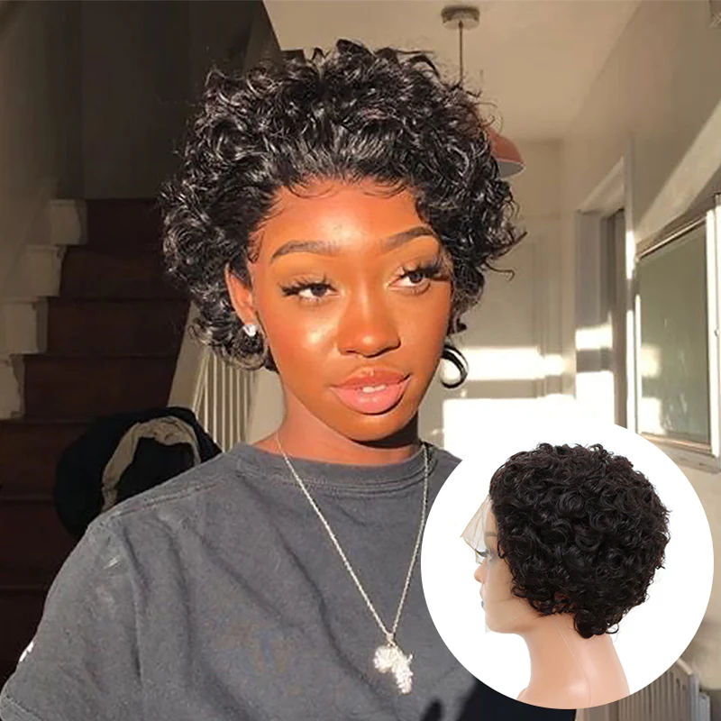 Curly Human Hair Wigs Pixie Cut Wig Colored Human Hair Wigs Cheap Wig Preplucked Hairline Wig For Women