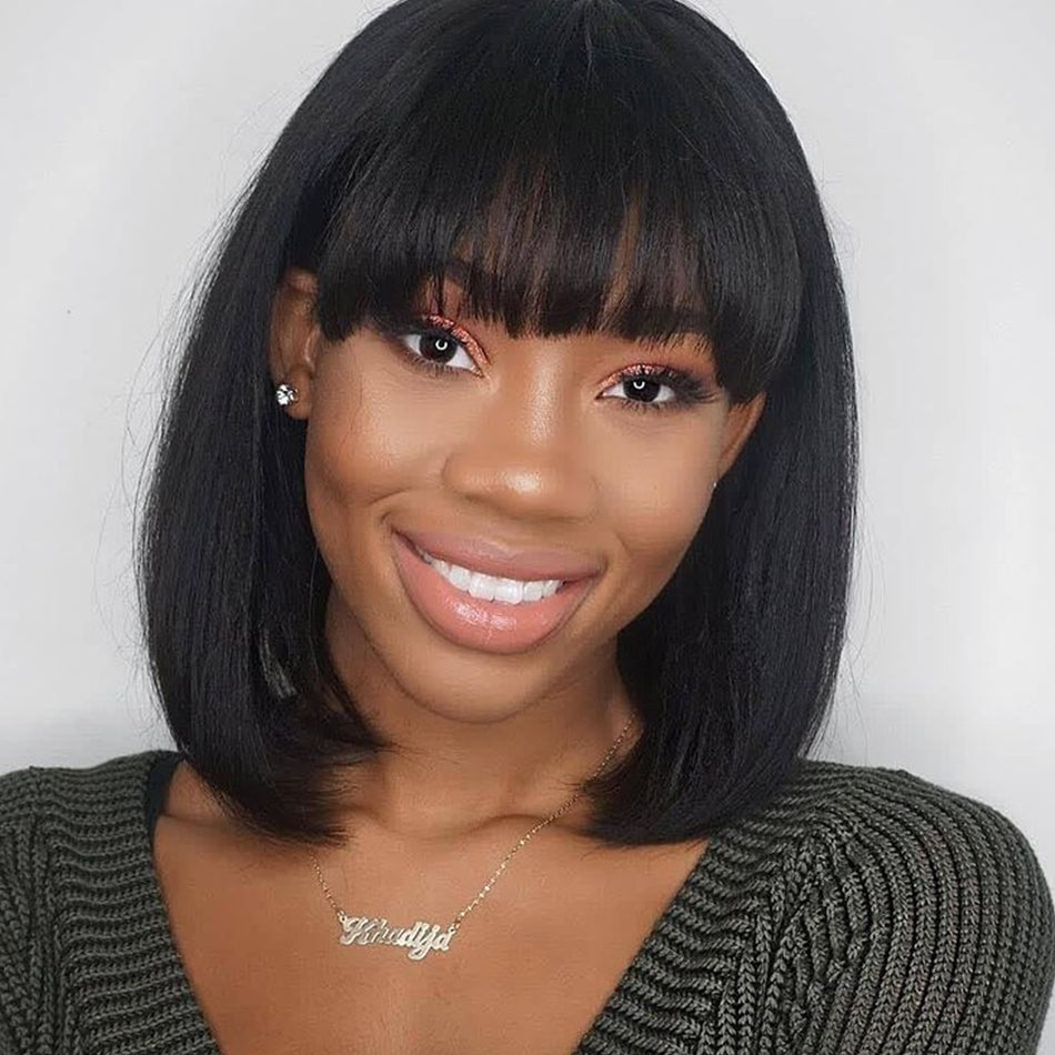 Straight Bob Wig with Bangs Human Hair Wigs 150% Density √