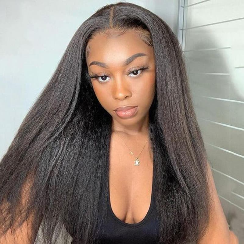 Yaki Kinky Straight Human Hair Wigs 4x4 Lace Closure Wigs Natural Hairline Preplucked With Baby Hair √