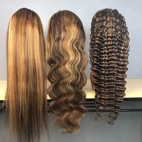 Straight Hair Lace Front Wig 100% Human Hair Wigs P4/27 Highlight Color 250% Density √