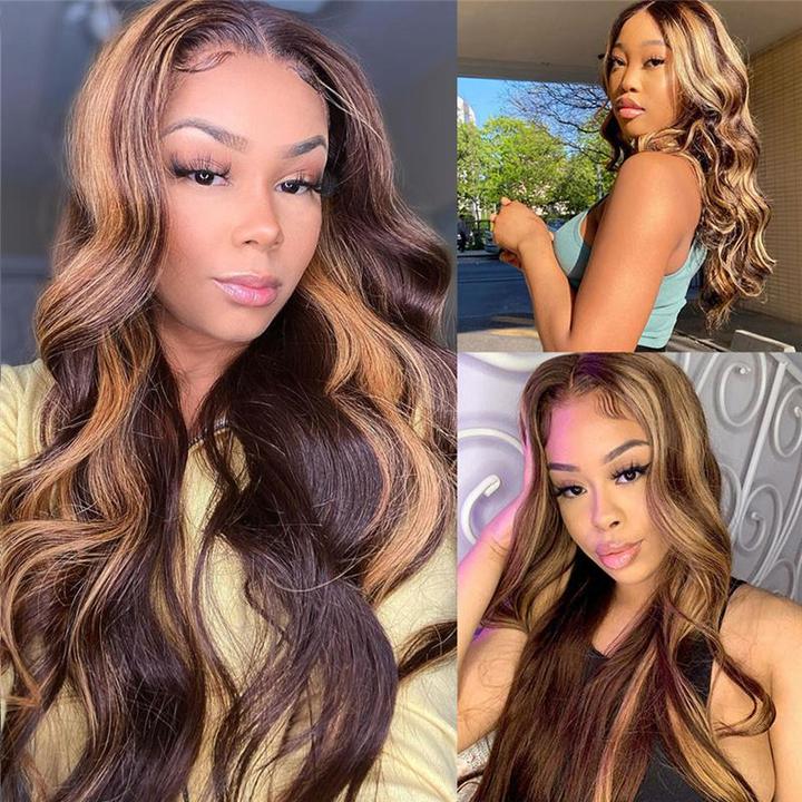 Highlight Color Body Wave Hair Lace Front Wig 100% Human Hair Wigs √