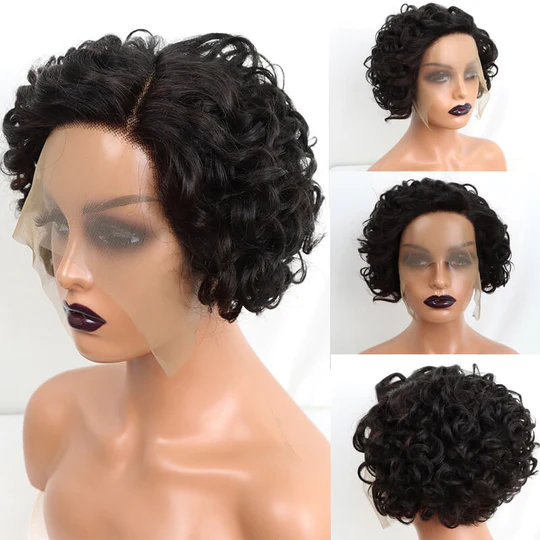 L Part Lace Human Hair Wig Short Side Part Pixie Cut Curly Wigs √