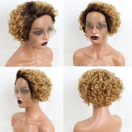 L Part Lace Human Hair Wig Short Side Part Pixie Cut Curly Wigs √