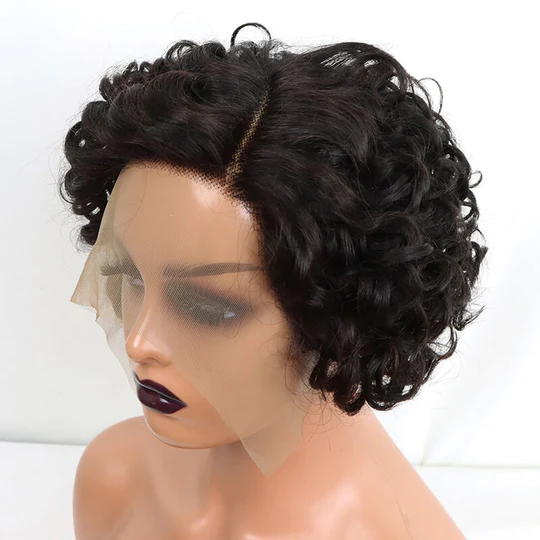 L Part Lace Human Hair Wig Short Side Part Pixie Cut Curly Wigs √