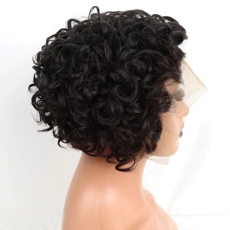 L Part Lace Human Hair Wig Short Side Part Pixie Cut Curly Wigs √