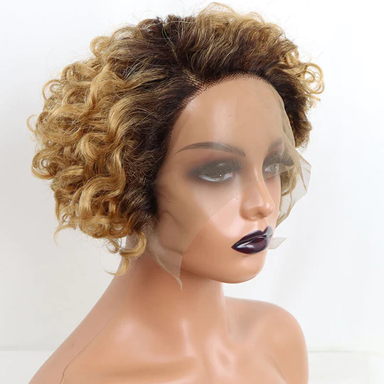L Part Lace Human Hair Wig Short Side Part Pixie Cut Curly Wigs √