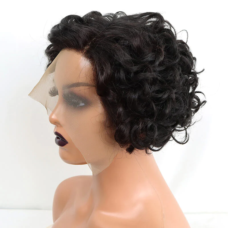 L Part Lace Human Hair Wig Short Side Part Pixie Cut Curly Wigs √