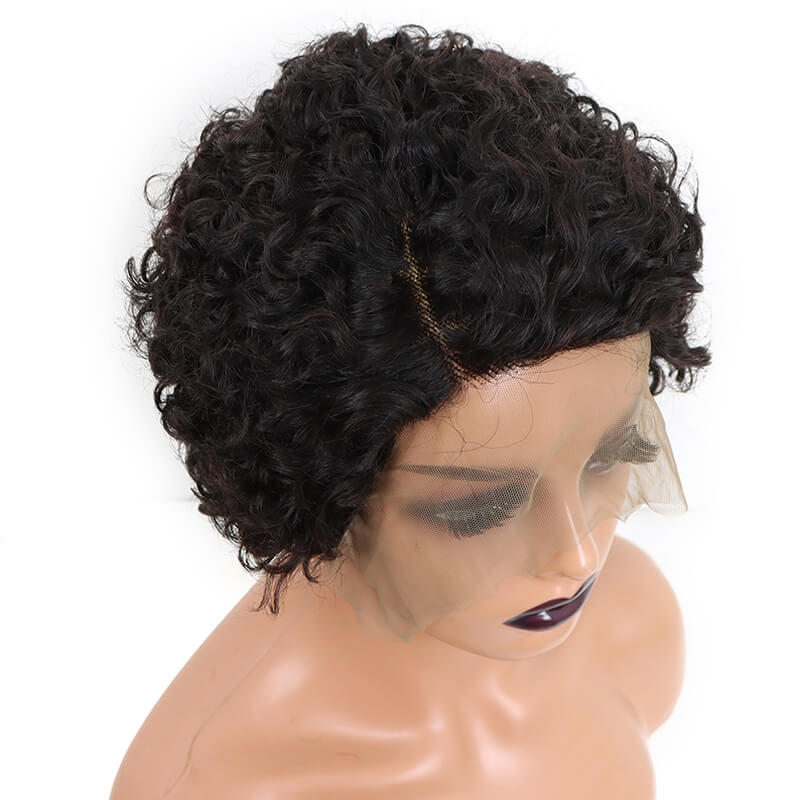 Short Side Part Pixie Cut Curly T Part Lace Human Hair Wig for Black Women