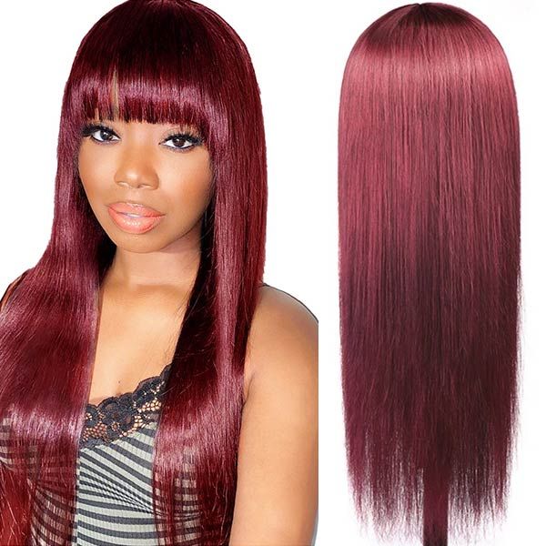 Burgundy Hair Straight Red Wig With Bangs Human Hair High Quality Wigs For Women √