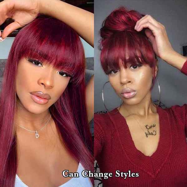 Burgundy Hair Straight Red Wig With Bangs Human Hair High Quality Wigs For Women √