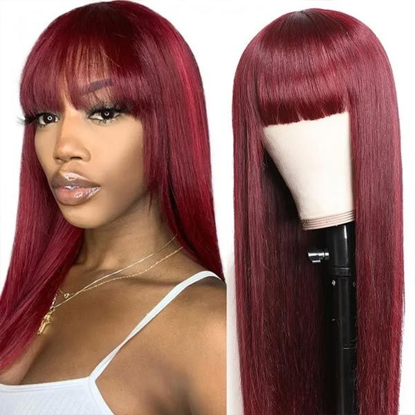 Burgundy Hair Straight Red Wig With Bangs Human Hair High Quality Wigs For Women √