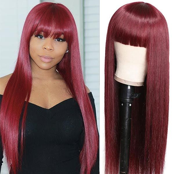 Burgundy Hair Straight Red Wig With Bangs Human Hair High Quality Wigs For Women √