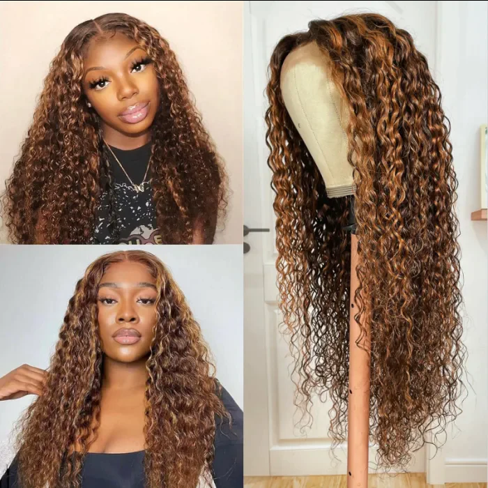 P4/27 Honey Blonde Highlight Wigs Water Wave 13x4 Lace Front Wig Peruvian Hair Curly Lace Front Human Hair Wigs For Black Women √
