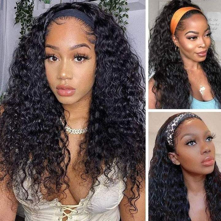 Water Wave Headband Wig 150% Density Human Hair Wigs √
