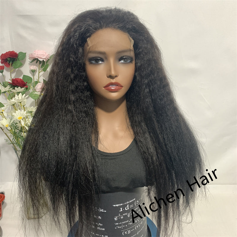 Yaki Kinky Straight Human Hair Wigs 4x4 Lace Closure Wigs Natural Hairline Preplucked With Baby Hair √