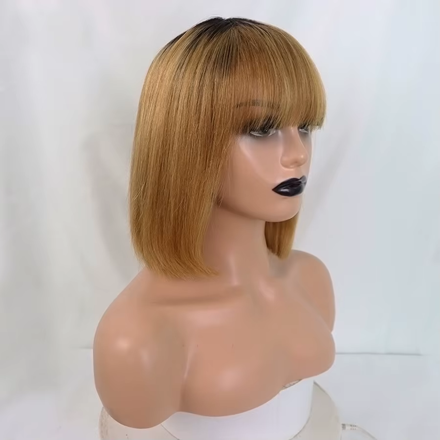 Straight Bob Wig with Bangs Human Hair Wigs Colored High Density √