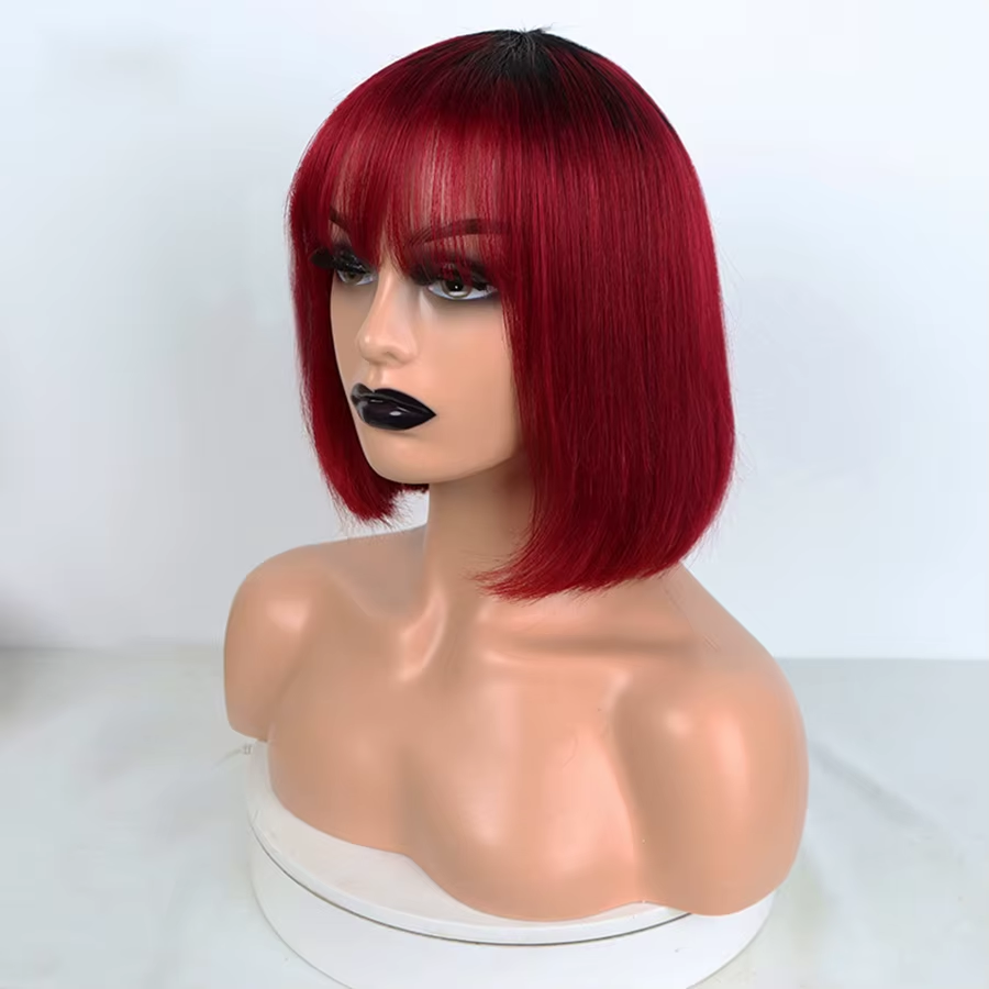 Straight Bob Wig with Bangs Human Hair Wigs Colored High Density √