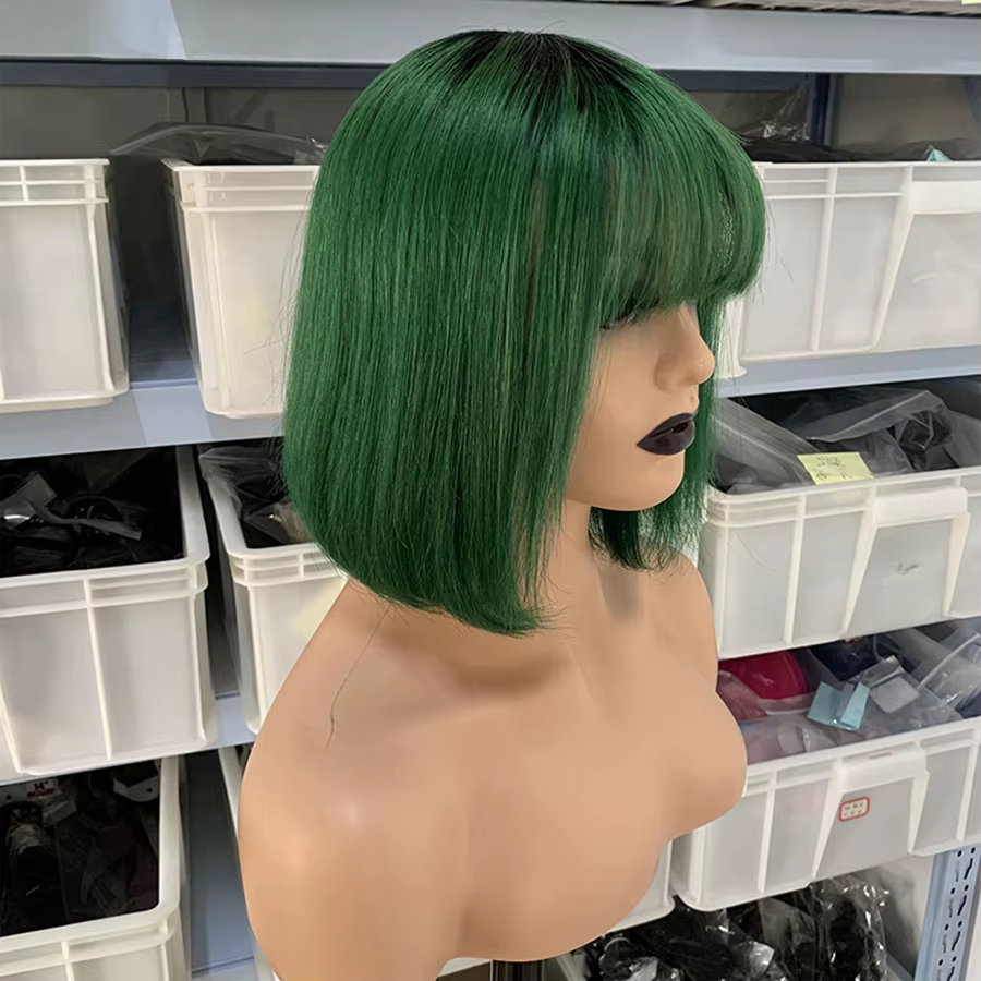 Straight Bob Wig with Bangs Human Hair Wigs Colored High Density √