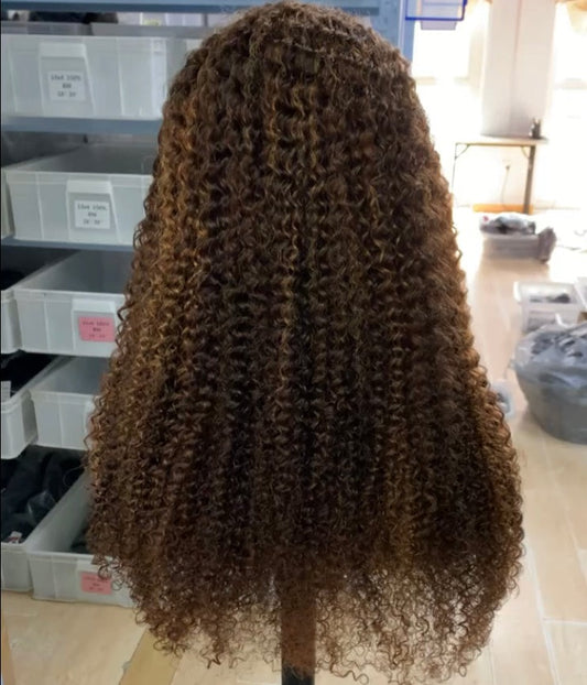 Kinky Curly Hair Highlight Color Human Hair Wig Pre-plucked Lace Frontal Wigs