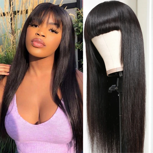 Brazilian Straight Virgin Human Hair Wig With Bangs Natural Head Fashion Bang Wig Black Color √