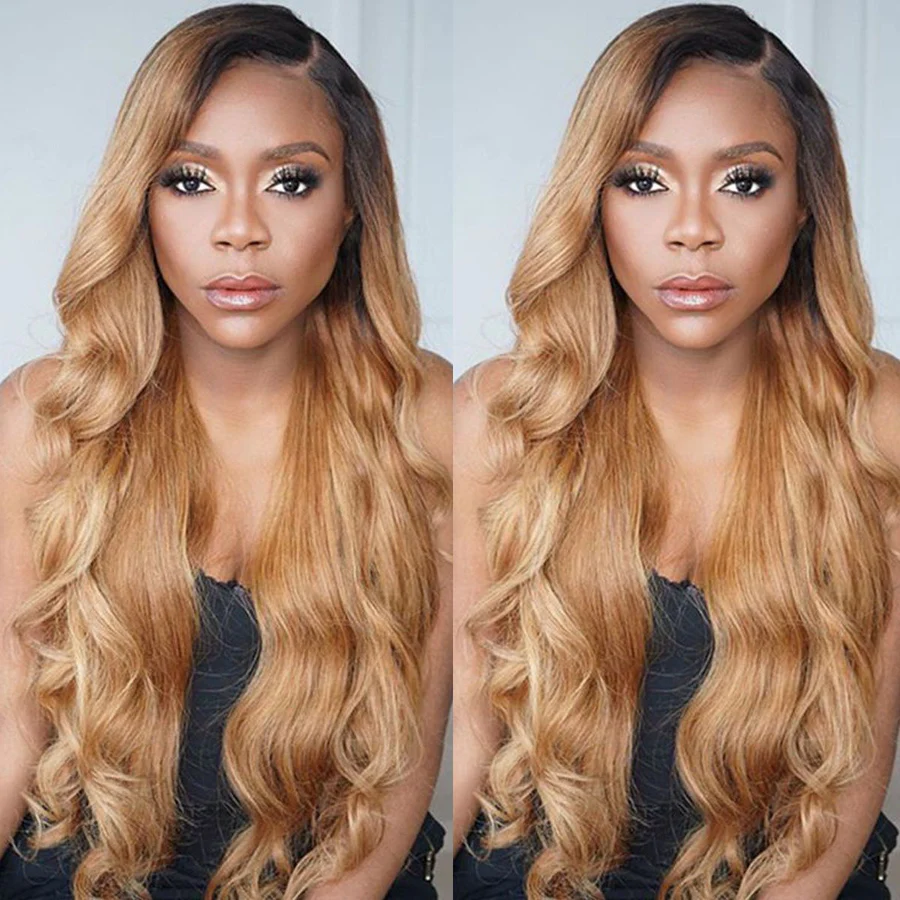 Honey Blonde 1B/27 Body Wave Lace Front Wig Ombre Color Lace Human Hair Wig Colored Frontal Wigs √