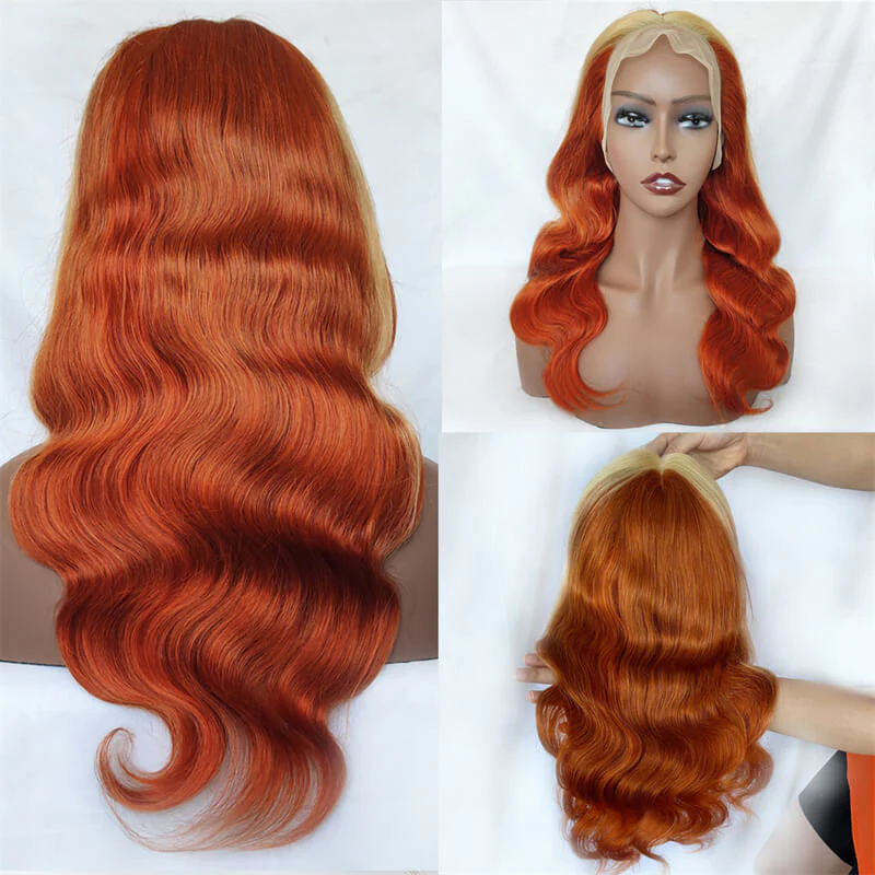 Lace Front Wigs With Blonde Highlights Ginger Color Body Wave Human Hair Wigs √