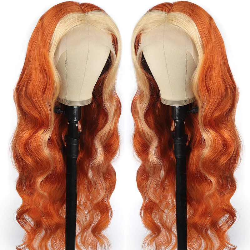 Lace Front Wigs With Blonde Highlights Ginger Color Body Wave Human Hair Wigs √