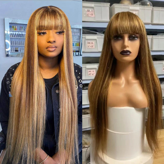 Straight Hair Highlight Color Wig With Bangs Human Hair High Quality Wigs For Women √