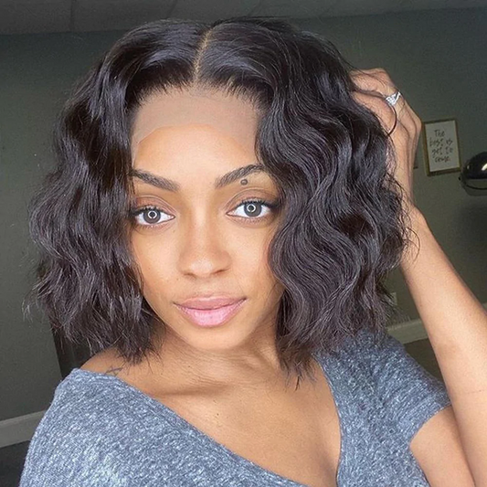 13*4 Lace Front Wavy Bob Wig Natural Black Color Short Body Wave Bob Wigs √