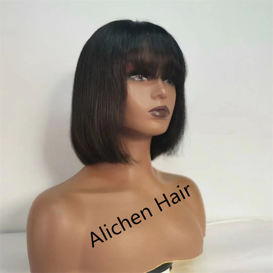 Straight Bob Wig with Bangs Human Hair Wigs 150% Density √